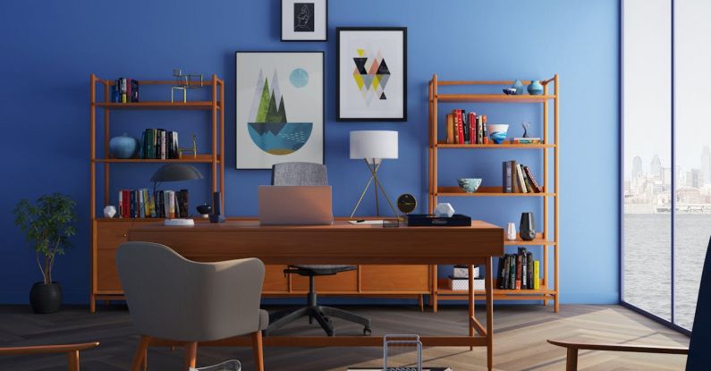 Minimalist Decor - Brown Wooden Desk With Rolling Chair and Shelves Near Window